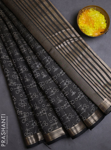 Semi raw silk saree black with allover geometric prints and zari woven border