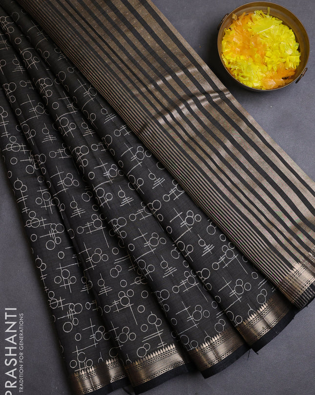 Semi raw silk saree black with allover geometric prints and zari woven border