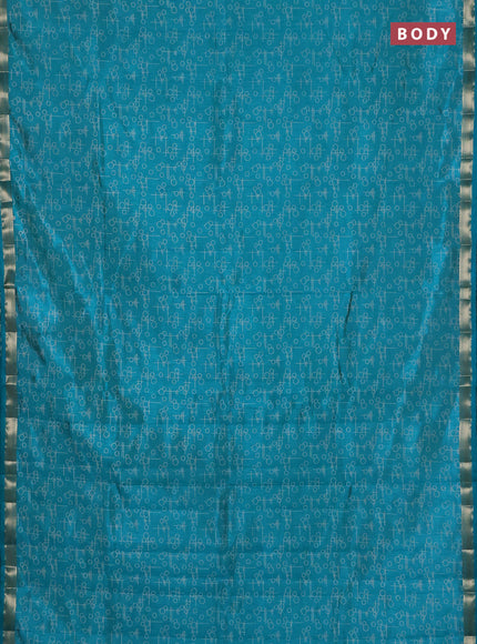 Semi raw silk saree teal blue with allover geometric prints and zari woven border