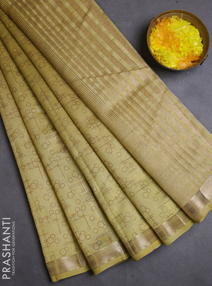 Semi raw silk saree lime yellow with allover geometric prints and zari woven border