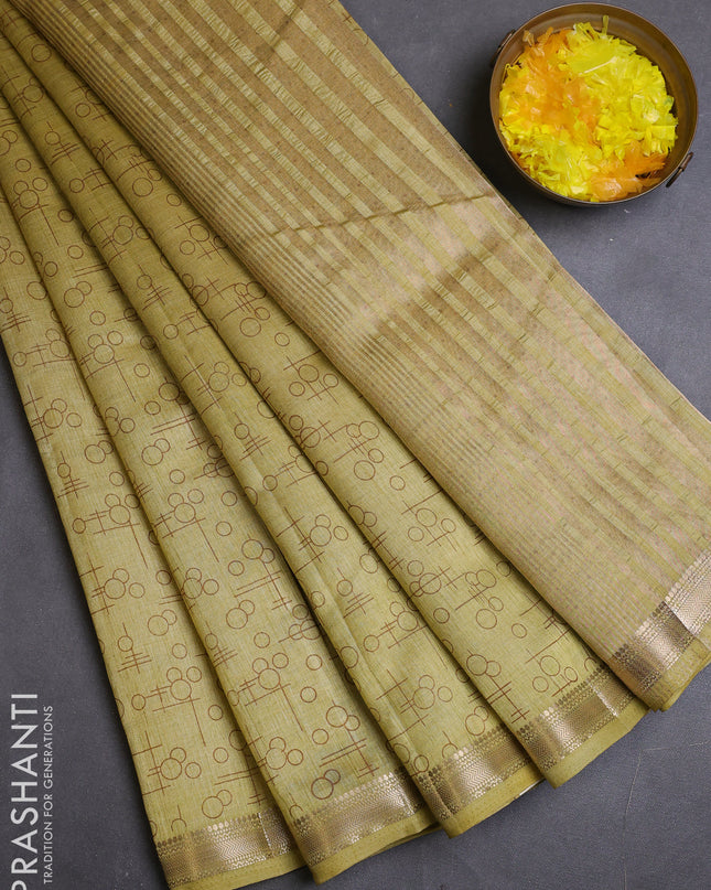 Semi raw silk saree lime yellow with allover geometric prints and zari woven border