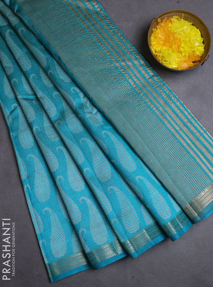Semi raw silk saree teal blue with allover paisley butta prints and zari woven border