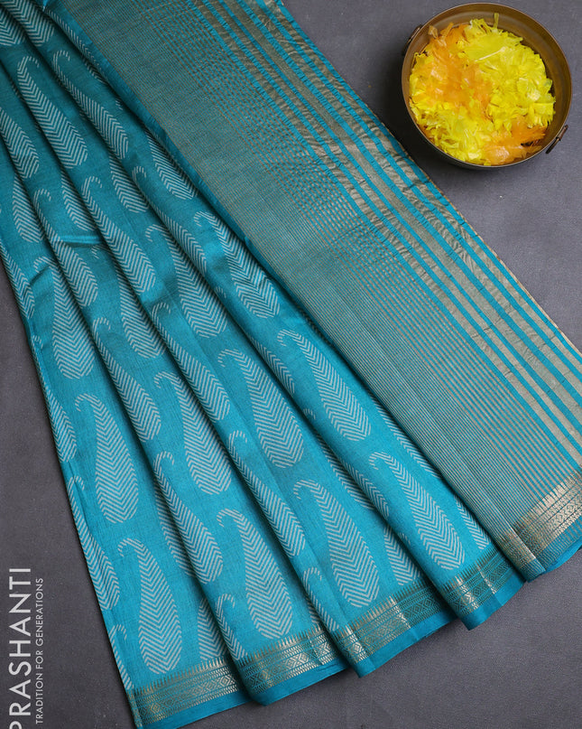 Semi raw silk saree teal blue with allover paisley butta prints and zari woven border