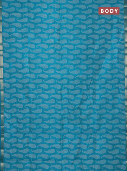 Semi raw silk saree teal blue with allover paisley butta prints and zari woven border