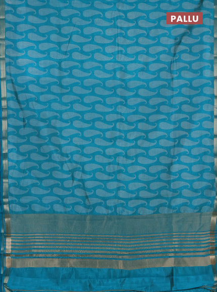 Semi raw silk saree teal blue with allover paisley butta prints and zari woven border