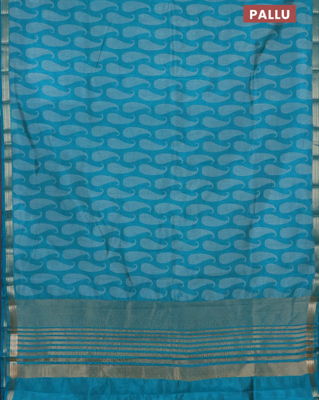 Semi raw silk saree teal blue with allover paisley butta prints and zari woven border