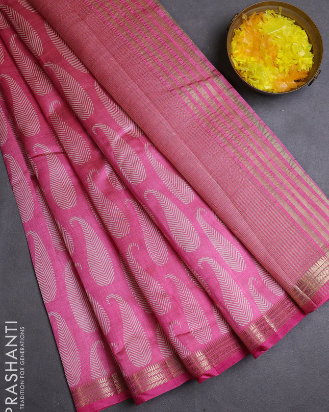 Semi raw silk saree light pink with allover paisley butta prints and zari woven border