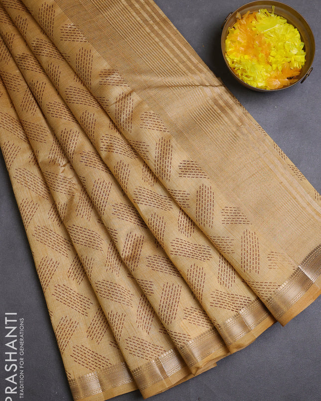 Semi raw silk saree sandal with allover geometric butta prints and zari woven border