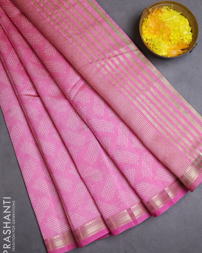 Semi raw silk saree light pink with allover geometric butta prints and zari woven border
