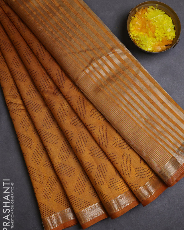 Semi raw silk saree dark mustard with allover geometric butta prints and zari woven border