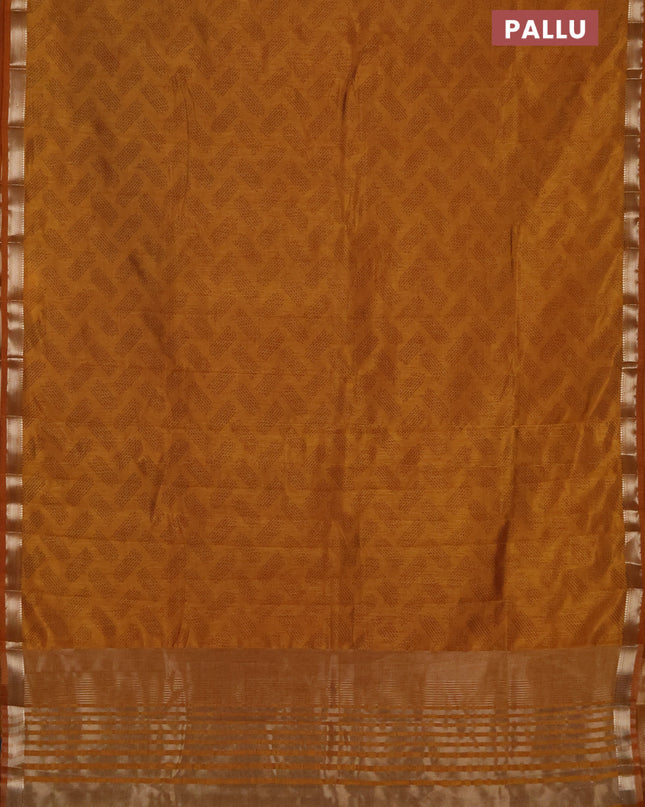 Semi raw silk saree dark mustard with allover geometric butta prints and zari woven border