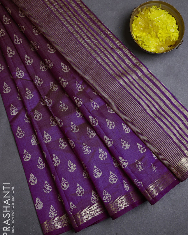 Semi raw silk saree purple with allover butta prints and zari woven border