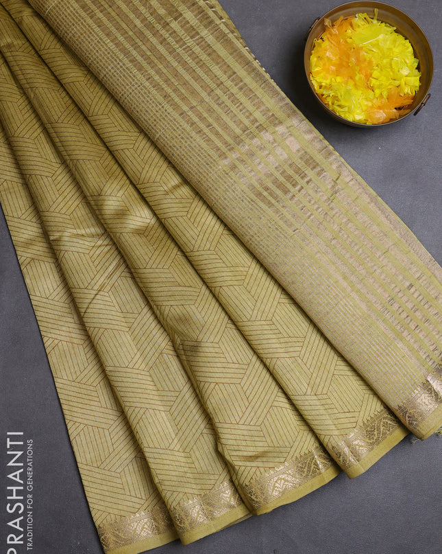 Semi raw silk saree mustard shade with allover geometric prints and zari woven border