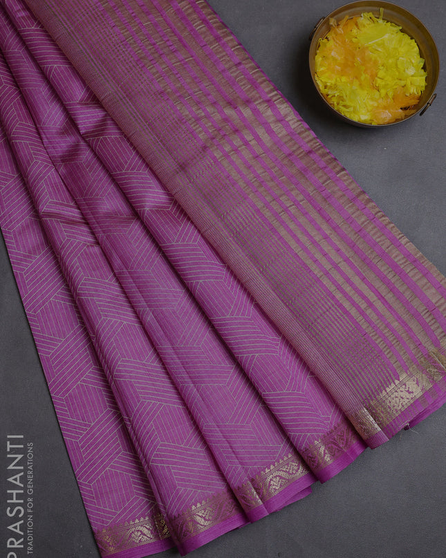Semi raw silk saree lavender with allover geometric prints and zari woven border