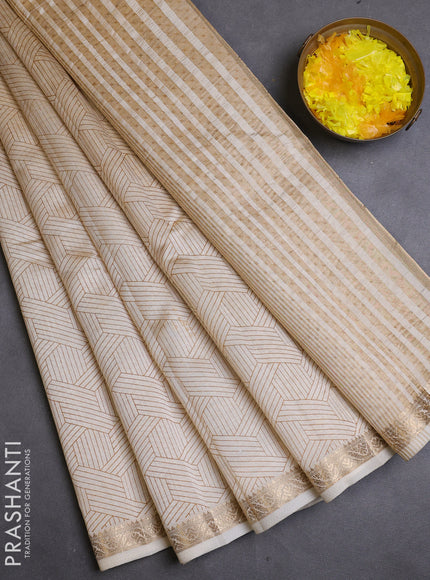Semi raw silk saree cream with allover geometric prints and zari woven border
