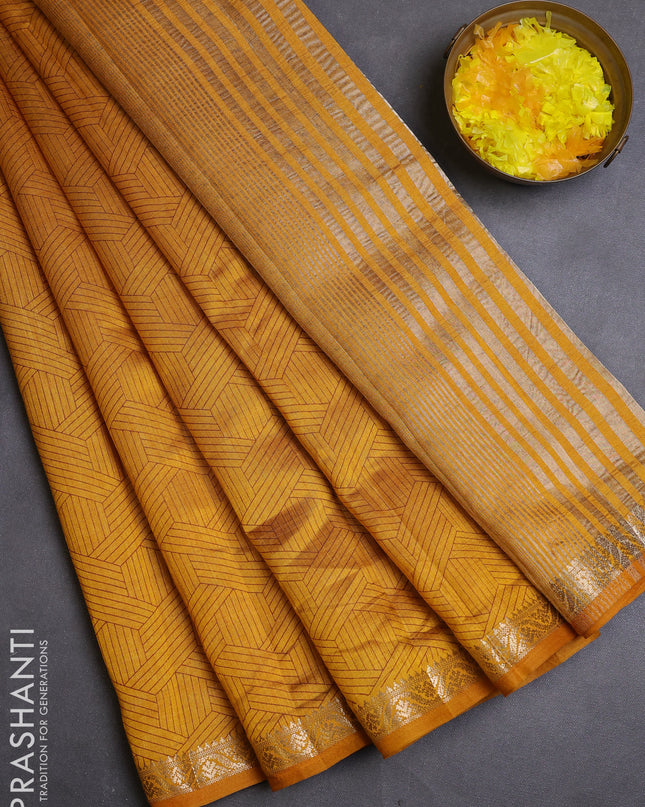 Semi raw silk saree dark mustard with allover geometric prints and zari woven border