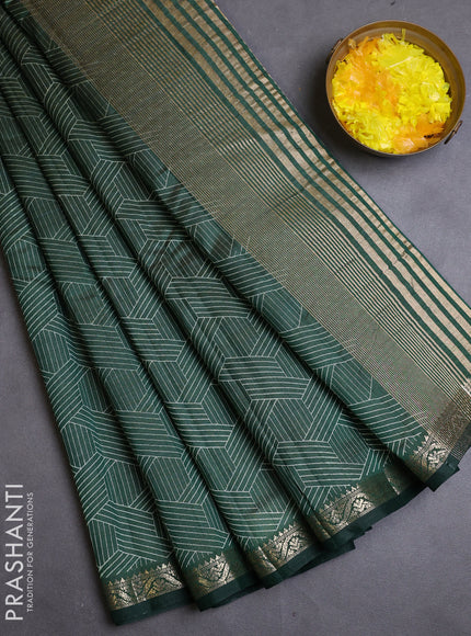 Semi raw silk saree bottle green with allover geometric prints and zari woven border