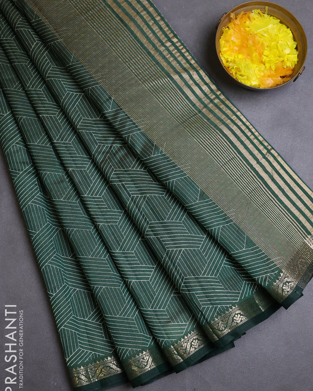Semi raw silk saree bottle green with allover geometric prints and zari woven border