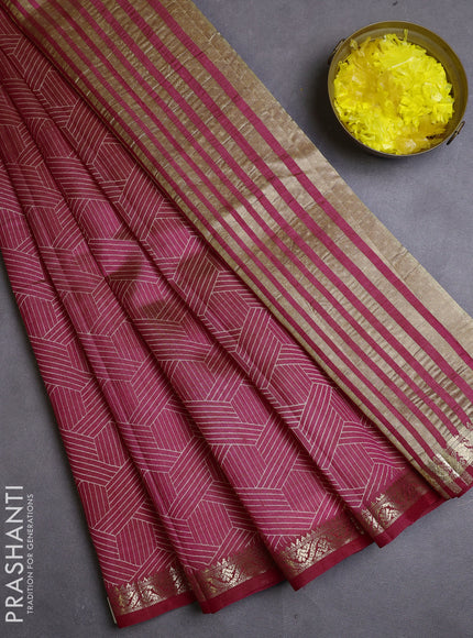 Semi raw silk saree pink with allover geometric prints and zari woven border