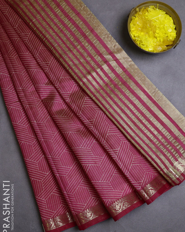 Semi raw silk saree pink with allover geometric prints and zari woven border