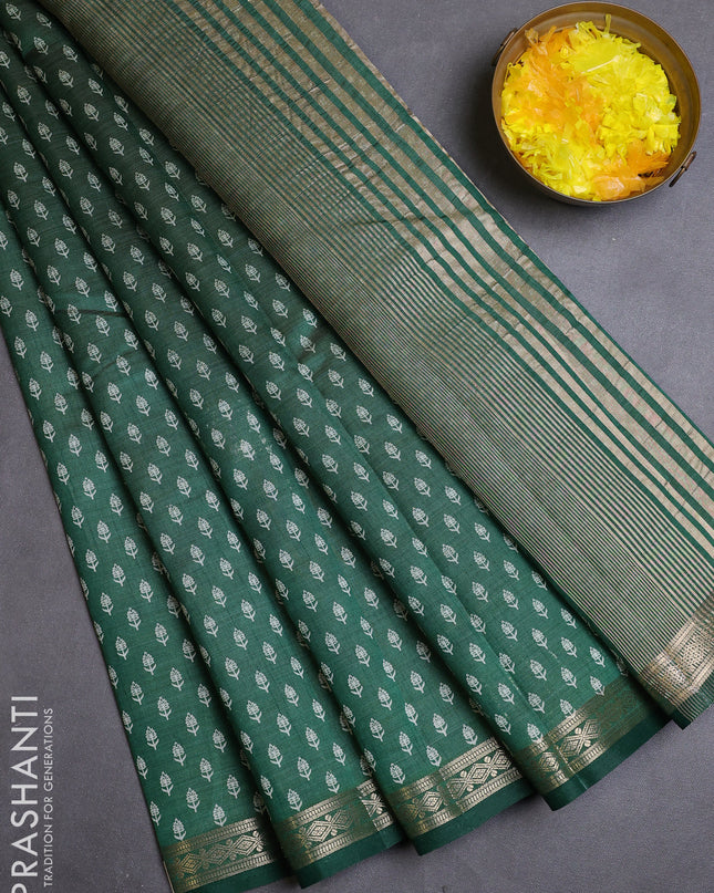 Semi raw silk saree bottle green with allover butta prints and zari woven border