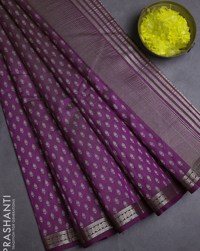 Semi raw silk saree purple with allover butta prints and zari woven border