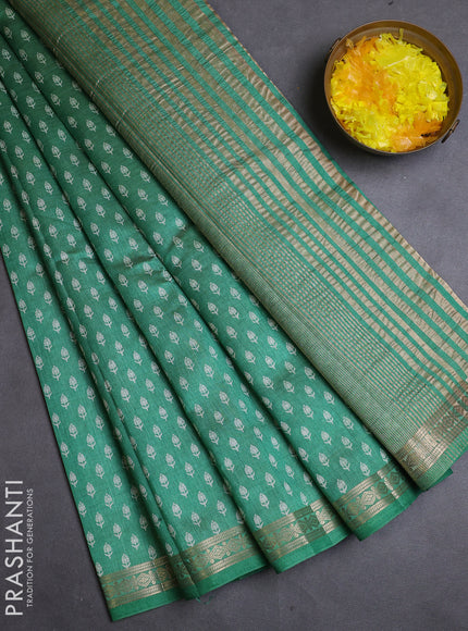 Semi raw silk saree teal green with allover butta prints and zari woven border