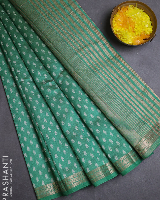 Semi raw silk saree teal green with allover butta prints and zari woven border