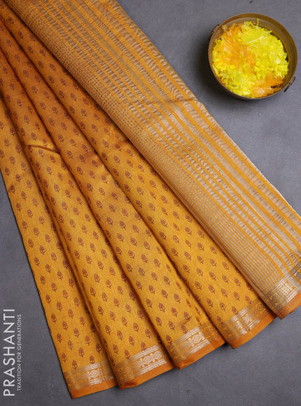 Semi raw silk saree dark mustard with allover butta prints and zari woven border
