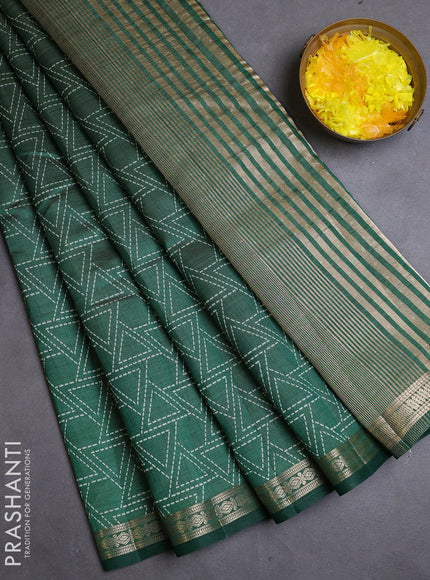 Semi raw silk saree bottle green with allover geometric prints and zari woven border