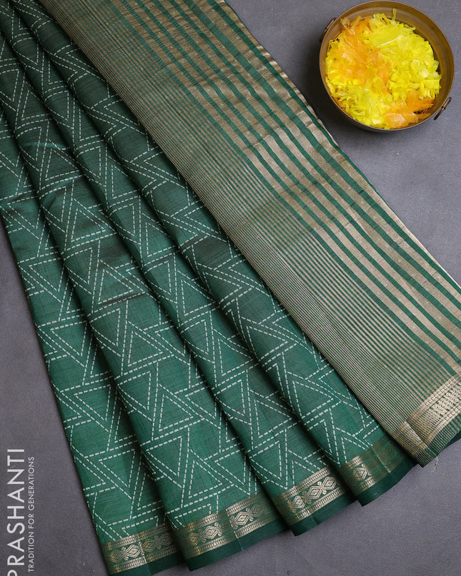Semi raw silk saree bottle green with allover geometric prints and zari woven border
