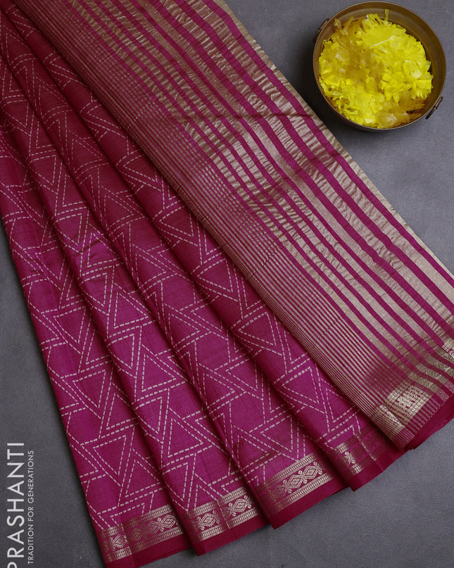 Semi raw silk saree pink with allover geometric prints and zari woven border