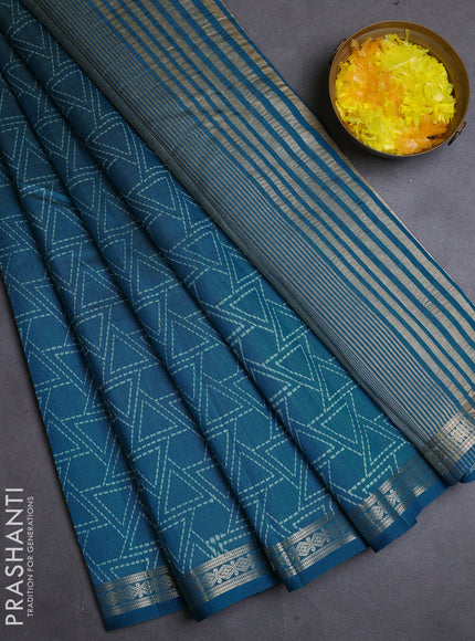 Semi raw silk saree cs blue with allover geometric prints and zari woven border