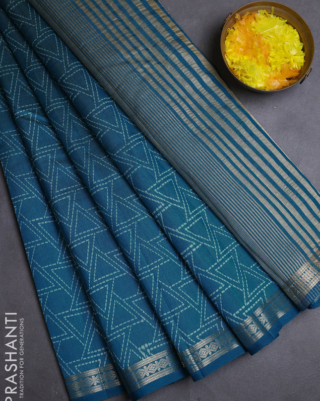 Semi raw silk saree cs blue with allover geometric prints and zari woven border