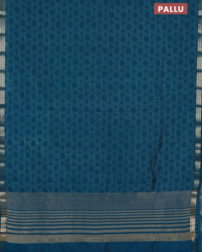 Semi raw silk saree cs blue with allover geometric prints and zari woven border