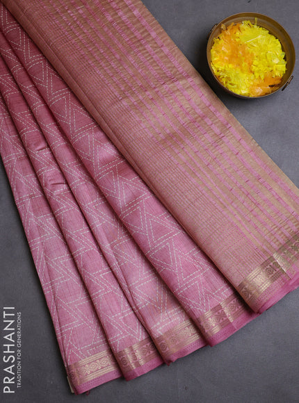 Semi raw silk saree pastel pink with allover geometric prints and zari woven border
