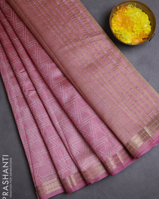 Semi raw silk saree pastel pink with allover geometric prints and zari woven border