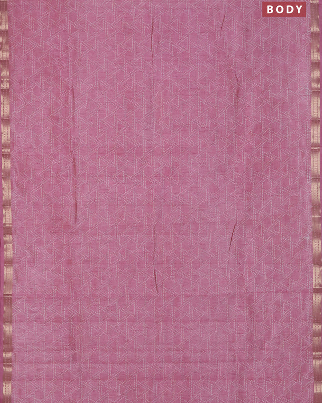 Semi raw silk saree pastel pink with allover geometric prints and zari woven border