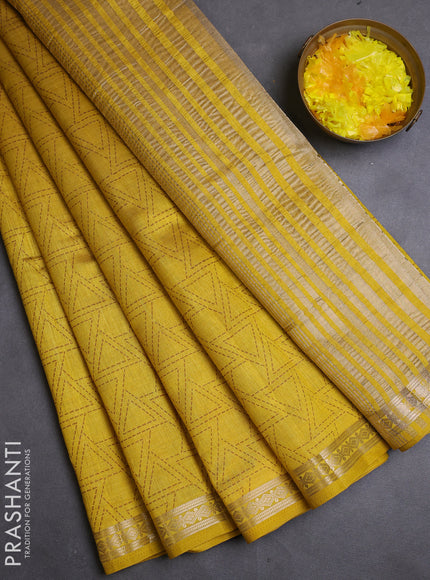 Semi raw silk saree mustard yellow with allover geometric prints and zari woven border