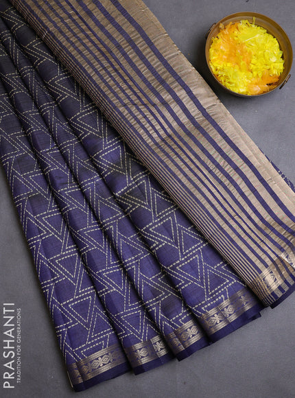 Semi raw silk saree navy blue with allover geometric prints and zari woven border