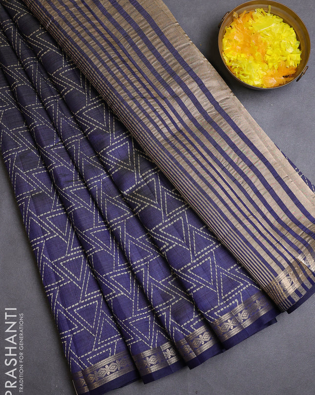 Semi raw silk saree navy blue with allover geometric prints and zari woven border