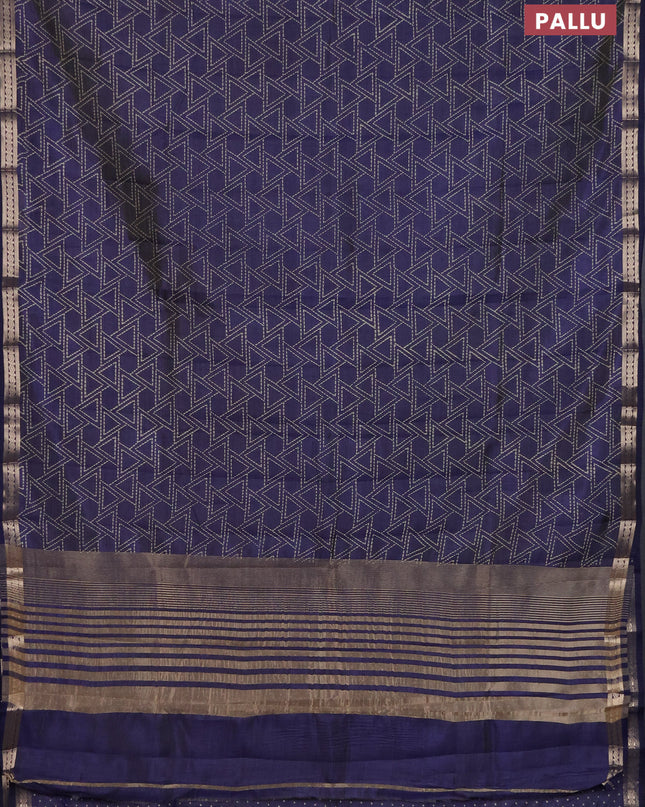 Semi raw silk saree navy blue with allover geometric prints and zari woven border
