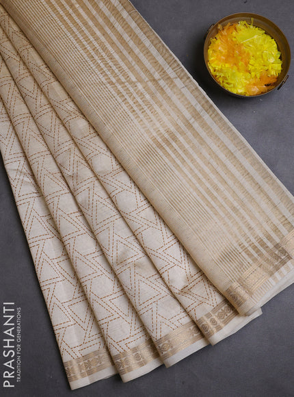 Semi raw silk saree cream with allover geometric prints and zari woven border