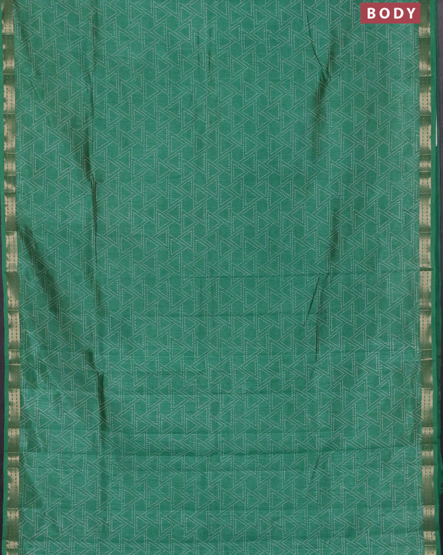 Semi raw silk saree teal green with allover geometric prints and zari woven border