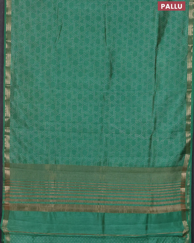 Semi raw silk saree teal green with allover geometric prints and zari woven border