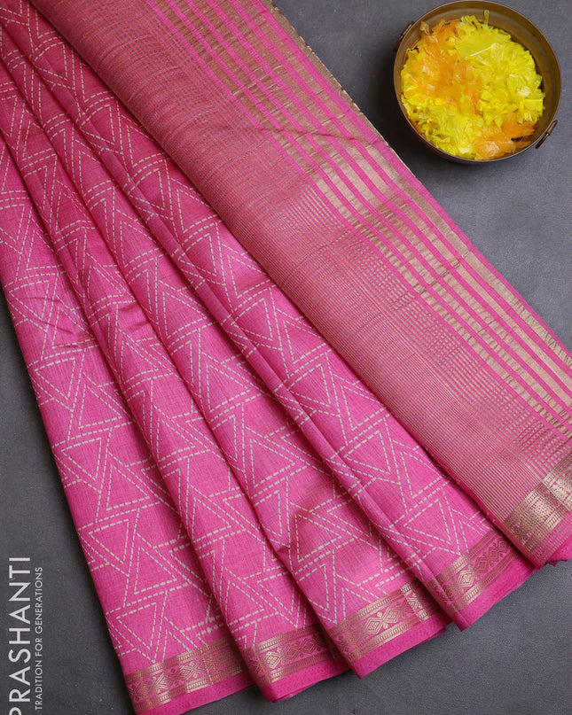 Semi raw silk saree light pink with allover geometric prints and zari woven border