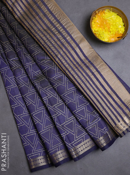 Semi raw silk saree navy blue with allover geometric prints and zari woven border