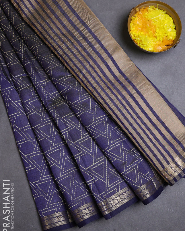 Semi raw silk saree navy blue with allover geometric prints and zari woven border