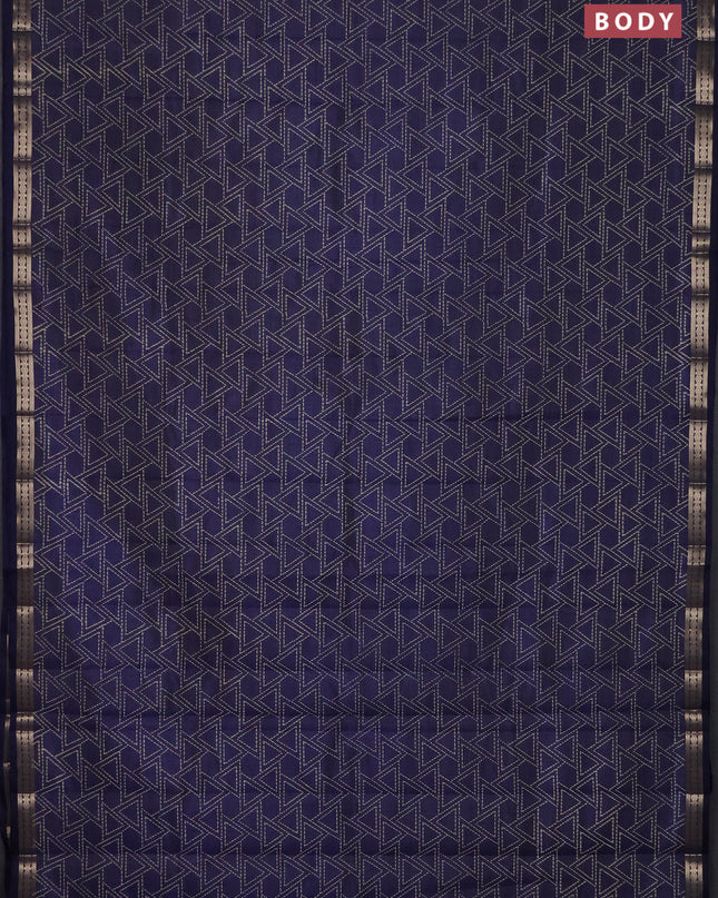 Semi raw silk saree navy blue with allover geometric prints and zari woven border