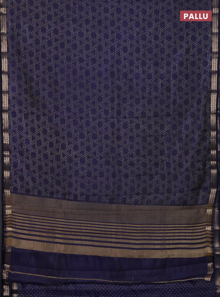Semi raw silk saree navy blue with allover geometric prints and zari woven border